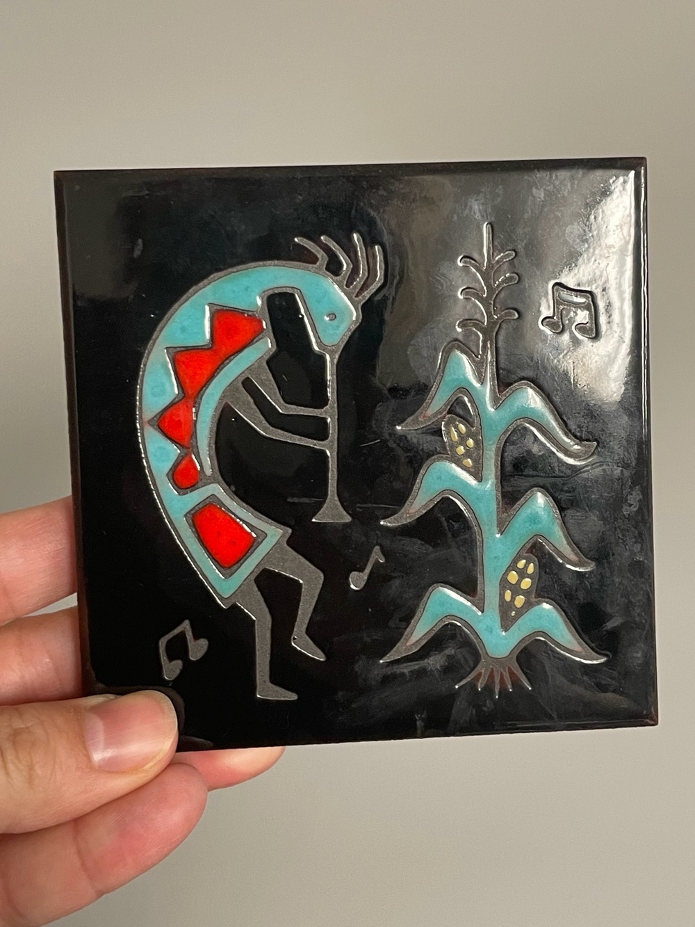 Vintage Cleo Teissedre Ceramic Southwestern Kokopelli Trivets Tiles Black Blue